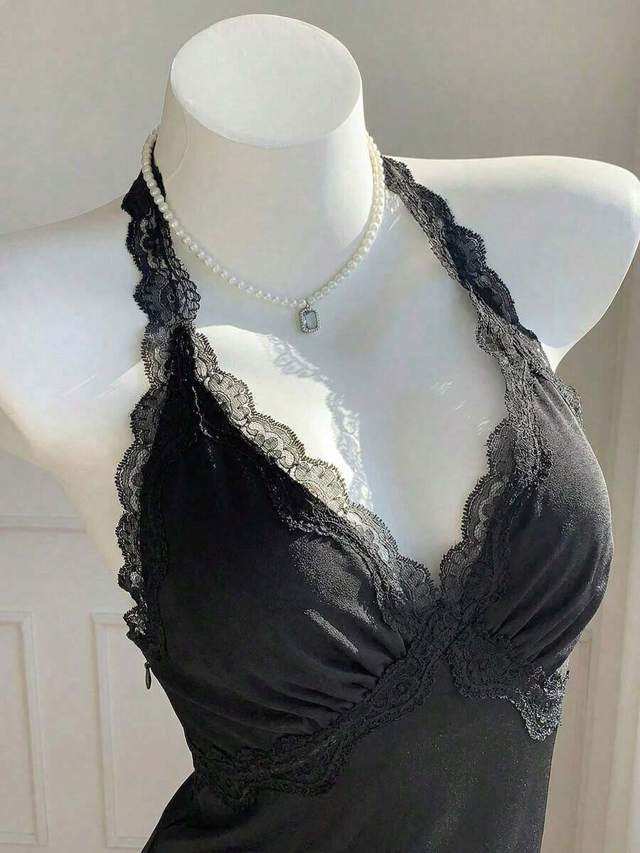 Top halter sin espalda con parches de lunares y encaje para mujer - Negro - Ver 1