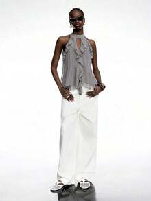 Elegant Solid Color Halter Top With Ruffles For Women - Gray - View 9
