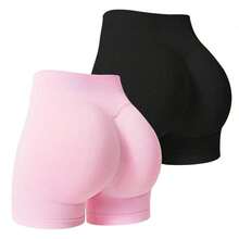 2 piezas Pantalones cortos de mujer de cintura alta, unicolor, elásticos y sin costuras, para yoga, fitness, deportes al aire libre y verano - Multicolor 3 - Ver 1
