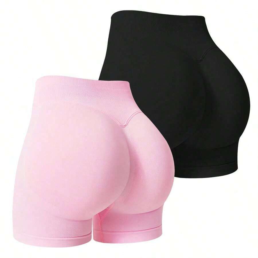 2 piezas Pantalones cortos de mujer de cintura alta, unicolor, elásticos y sin costuras, para yoga, fitness, deportes al aire libre y verano - Multicolor 3 - Ver 1
