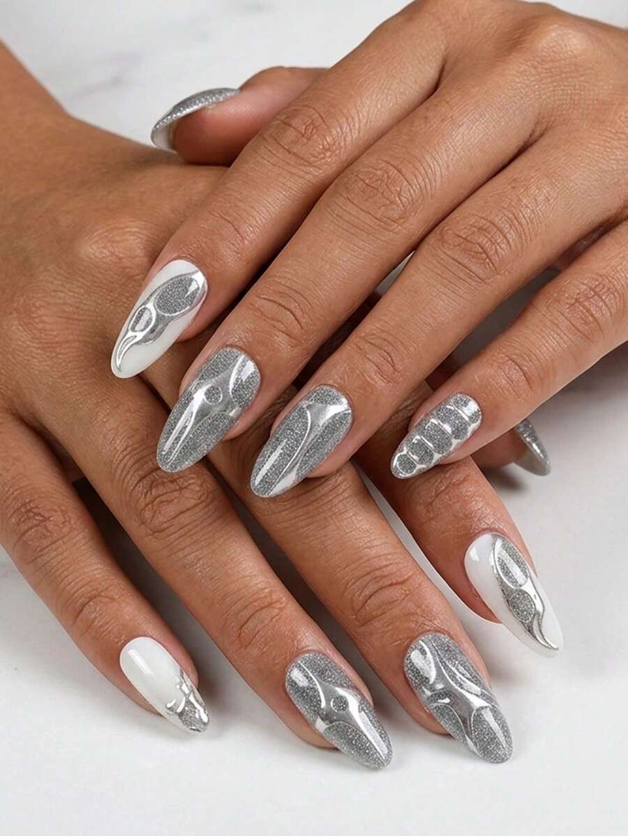 Bộ 24 móng giả màu bạc cá tính, hình dáng hạnh nhân cỡ trung bình, móng acrylic phủ toàn bộ với thiết kế công nghệ kim loại và cyberpunk, bao gồm 1 gel dán và 1 dũa móng. Phong cách tương lai cho các bữa tiệc và sử dụng hàng ngày. - Nhiều màu - Xem 1