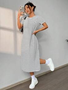 Vestido casual de verano de manga corta tejido a rayas en blanco y negro con estampado - Blanco y Negro - Ver 7