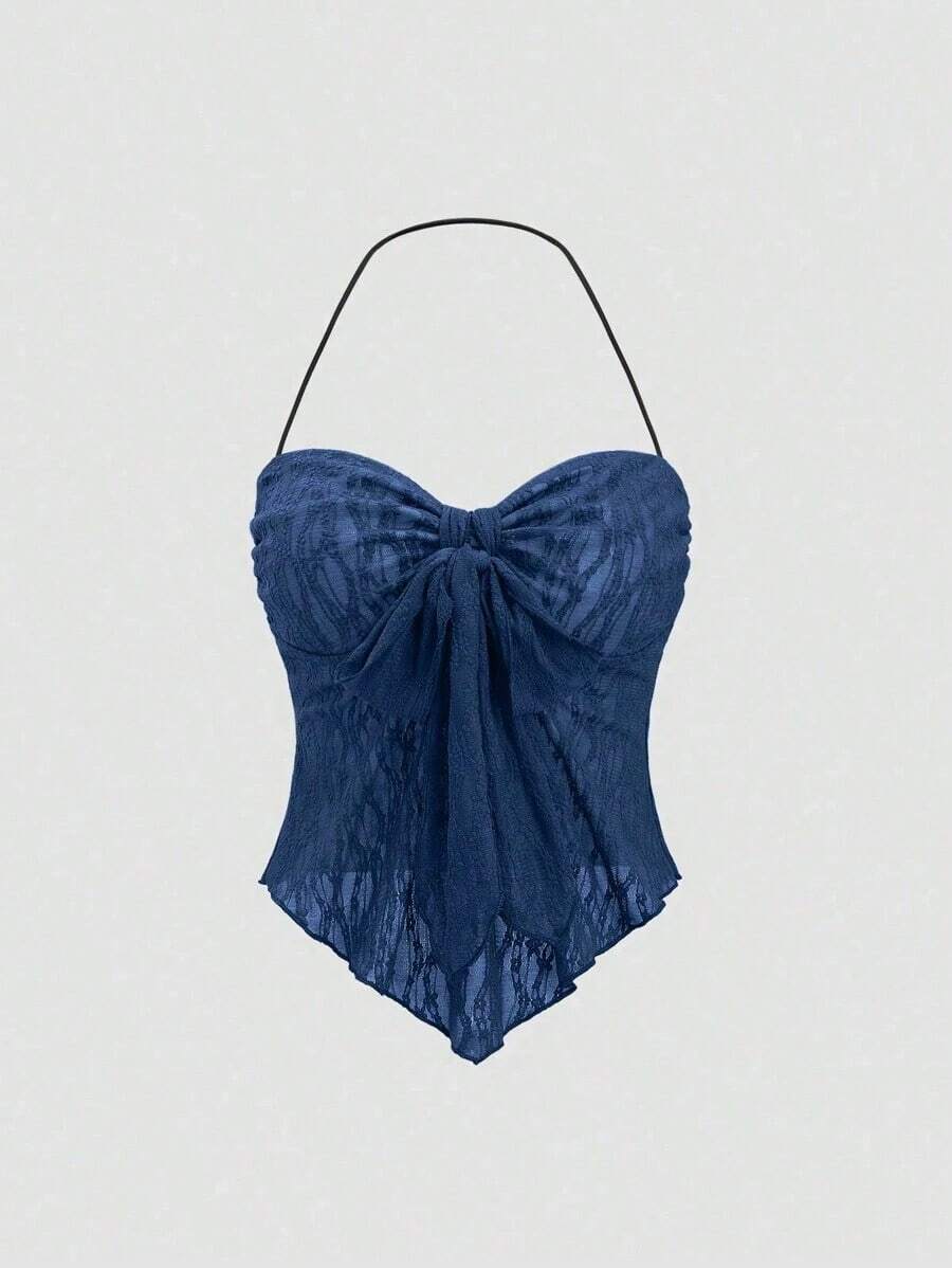 Top corto de verano para mujer con cuello halter y nudo delantero en unicolor, estilo Y2K - Azul marino - Ver 1