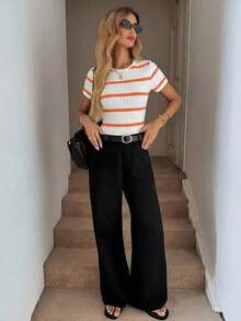 Camiseta de mujer de cuello redondo, ajustada, con textura acanalada, casual, elegante, cómoda para vacaciones y uso diario - Naranja - Ver 4