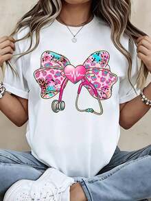 1 Piece Of Women's Round Neck T-Shirt With Colorful Bow, Stethoscope And Heart Print, Short Sleeve, Casual Everyday Wear, 180g, 100% Cotton. - 白色 - 查看 1