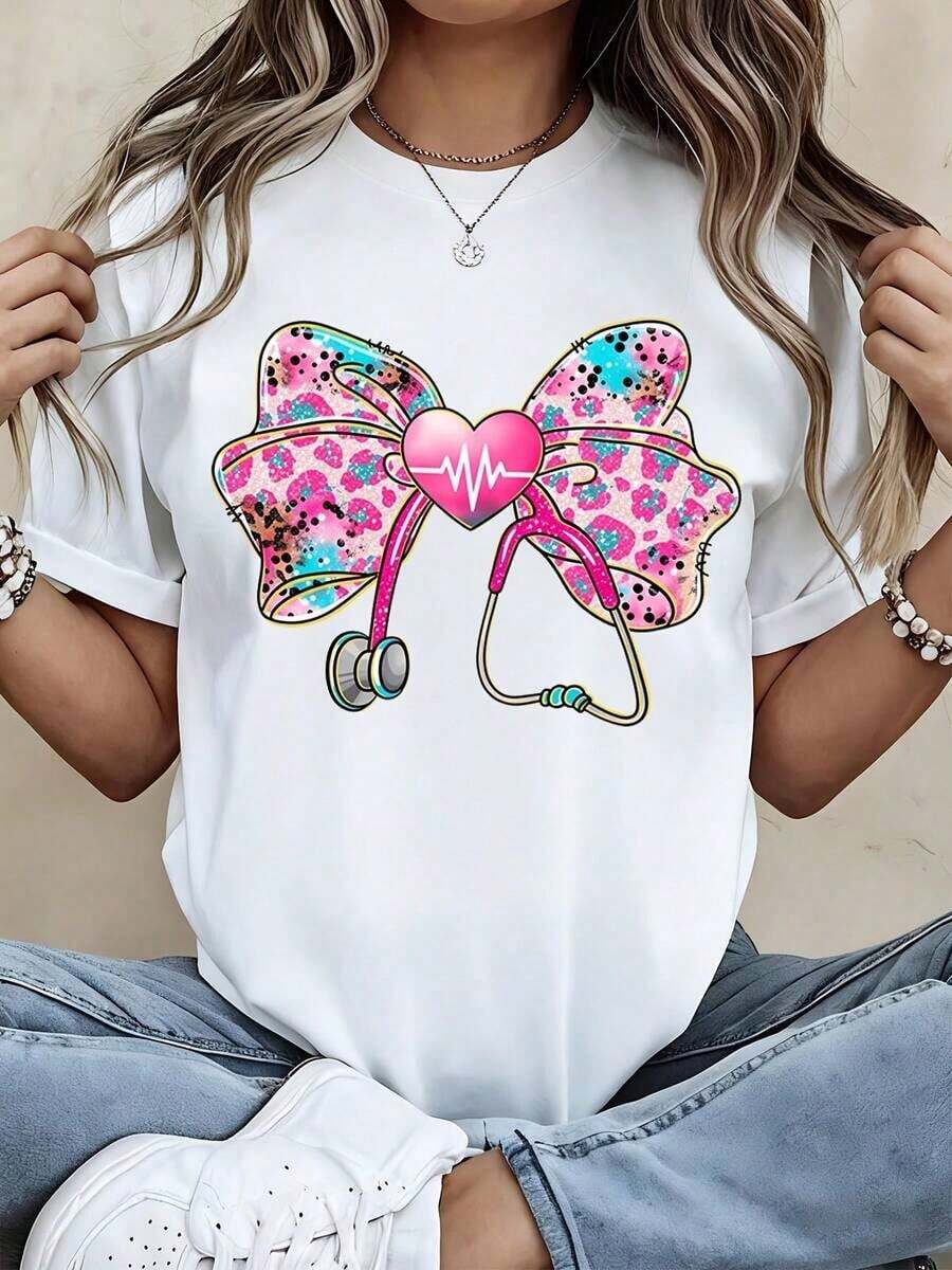 1 Piece Of Women's Round Neck T-Shirt With Colorful Bow, Stethoscope And Heart Print, Short Sleeve, Casual Everyday Wear, 180g, 100% Cotton. - 白色 - 查看 1