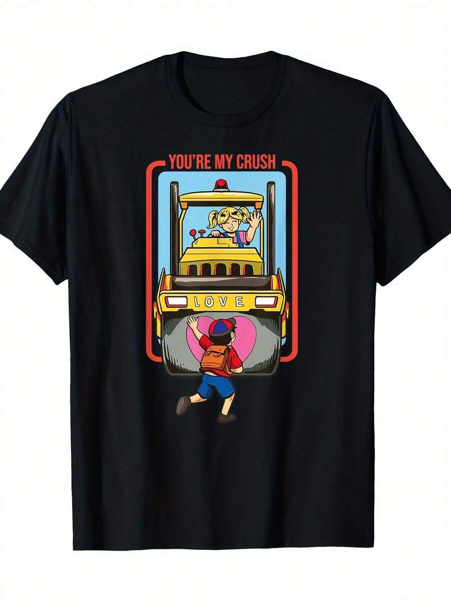 Vintage American-Style Summer T-Shirt, Fun Printed Tee. This T-Shirt With A Fun Print Features A Casual Excavator Design With Funny Characters. It Has Short Sleeves And A Crew Neck, Making It An Ideal Gift . Perfect For Everyday Wear And As A Gift, This Circus-Themed T-Shirt Is Great For Vacations And Playtime, Excellent For Parties And Family Holidays, Party Outfits, Summer Wear, And Warm-Weather Clothing. - 黑色 - 查看 1