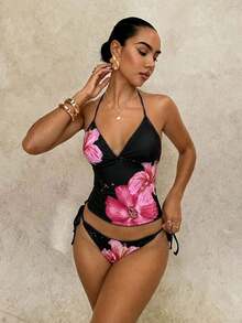 Conjunto de bikini a cuadros de cereza dulce - Negro 2 - Ver 4