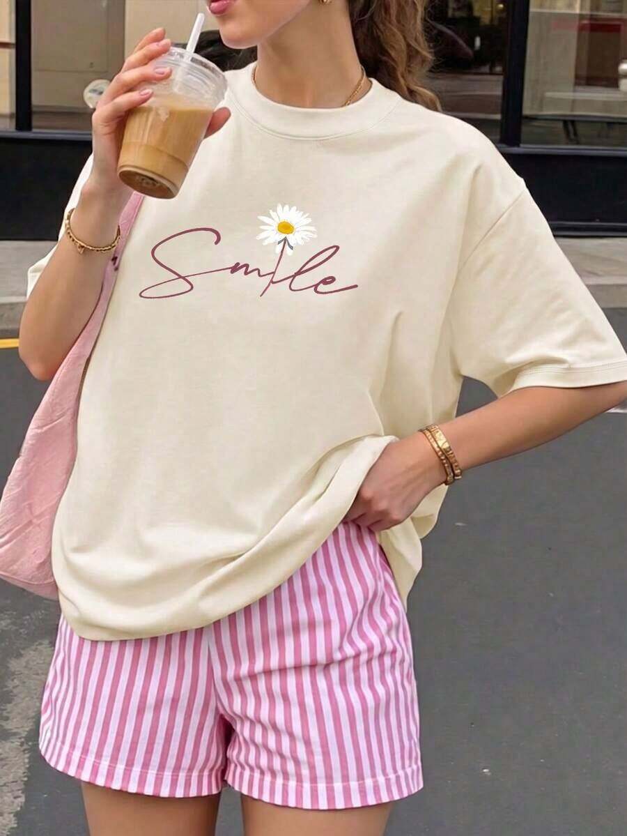 Camiseta de mujer estampada de manga corta para verano, tela de poliéster, estilo multifuncional, corte regular, peso 180 gramos, 1 unidad.,Soft Fabric, Loose Design, Round Neck, Short Sleeves, Springsummer, Daily Wear - Albaricoque - Ver 1
