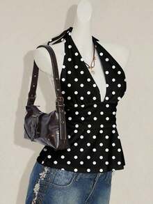 Parte superior con escote halter de cuello en V profundo y espalda descubierta con estampado de lunares retro para mujer, sexy para clubes, Y2K, grunge, clásico, old money, clubes, fiestas, moda hip-hop - Multicolor - Ver 5