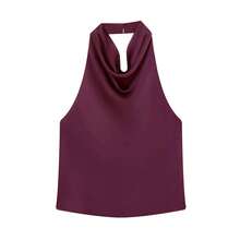 MUJER-Tops con cuello Halter para mujer, Top corto de satén con espalda descubierta, Tops de playa con hombros descubiertos para mujer, camisola Sexy, Top sin mangas para mujer - vino tinto - Ver 5