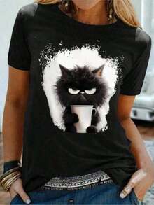 Women's Black Cat Print T-Shirt For Everyday And Weekend Wear, Y2K, HarAJsuku, Short Sleeves, Fun Fashion, Round Neck, Regular Fit, Loose And Comfortable - 黑色 - 查看 6