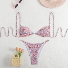 Nuevo traje de baño sexy con estampado de leopardo y tirantes para mujer, ropa de baño de alta gama para playa y spa. - Fondo blanco con flores azules - Ver 9