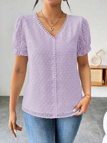 Blusa de gasa con estampado de lunares francés de moda para mujer, diseño elegante y elegante de manga corta con volantes para el verano - Púrpura malva - Ver 3
