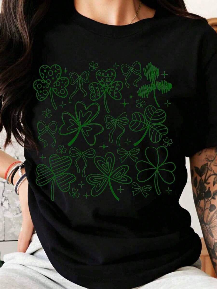 St. Patrick's Day T-Shirt With Green Four-Leaf Clover And Bow Design For Women And Men, To Celebrate The Irish Festival, Graphic Tee With Lucky Charm. - 黑色 - 查看 1