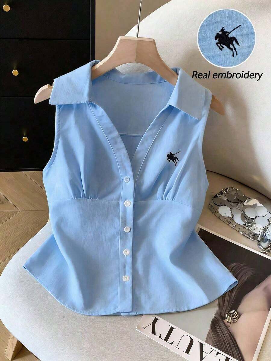 Camisa blanca sin mangas con cuello polo bordado para mujer, de primavera/verano, de estilo casual - Azul - Ver 1