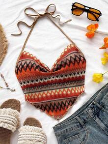 Nuevo atuendo casual de vacaciones, boda en la playa, invitado de boda, graduación, brunch, Día de San Patricio, vacaciones de primavera, Pascua, festival de música, elegante, bohemio, tropical, blusa de atar al cuello con espalda anudada, camiseta - Multicolor 2 - Ver 1