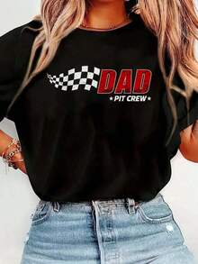 100% cotton Camiseta de manga corta con cuello redondo y estampado de equipo de carreras "Dad Pit Crew" para cumpleaños, a juego para toda la familia, informal y cómoda, para primavera y verano, ropa de mujer. - Negro - Ver 1