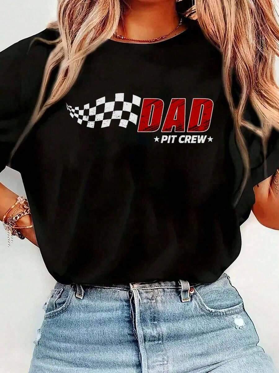 100% cotton Camiseta de manga corta con cuello redondo y estampado de equipo de carreras "Dad Pit Crew" para cumpleaños, a juego para toda la familia, informal y cómoda, para primavera y verano, ropa de mujer. - Negro - Ver 1