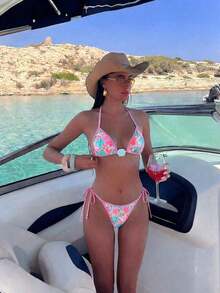 Conjunto de bikini sexy de cuello halter y lazo para mujer en bloque de color para vacaciones, playa de verano - Multicolor - Ver 6