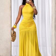 BamGlam Women's Solid Color Pleated Dress With Halter Neck , Beach Vacation Outfits For Women , Vacation Outfits Women  , Holiday Outfits For Women  , Vacation  , Holiday  , Summer Holiday Outfits , Holiday Outfits  , Vacation Outfits For Women Beach Vacation Outfits For Women , Summer , Summer Clothes  , Summer Outfits For Women , Summer Outfits ,  Summer Outfit For Women - Negro - Ver 6