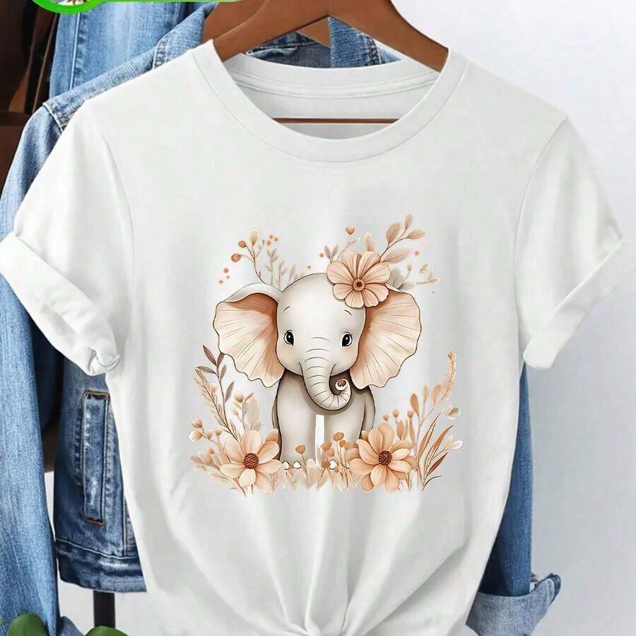 Camiseta 100 % pura de manga corta para mujer con estampado temático de exteriores, camiseta casual versátil con estampado fresco de elefante floral - blanco - Ver 1