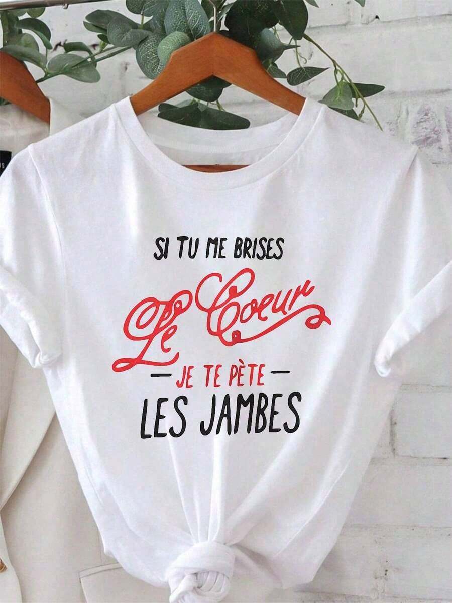 SI TU ME BRISES Le Coeur Carta impresa camiseta, manga corta cuello de tulación top casual para verano y primavera, ropa de mujer - Blanco - Ver 1