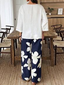Conjunto de camisa de unicolor y pantalones con estampado floral para vacaciones - Multicolor 3 - Ver 2
