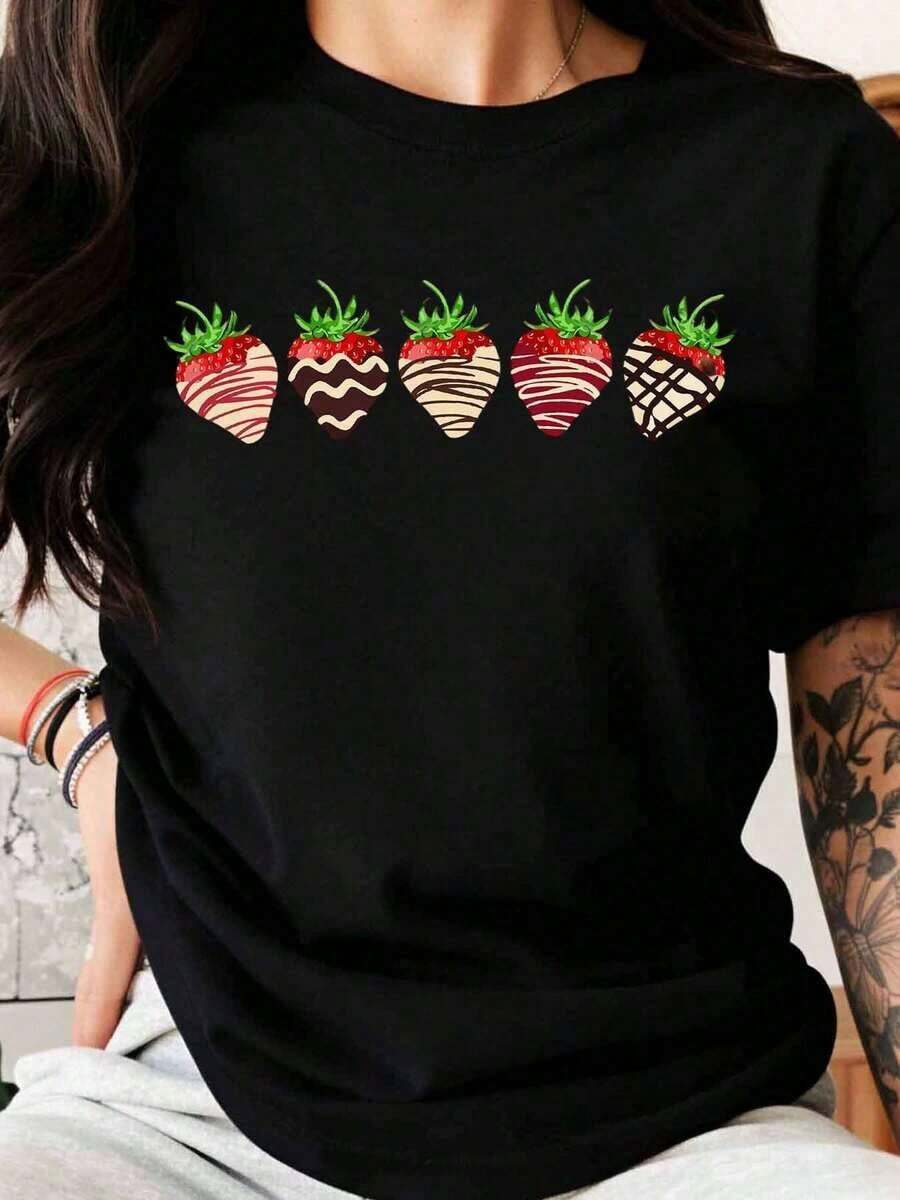 Camiseta Casual con Diseño Gráfico de Fresas Cubiertas de Chocolate para Mujer, Top Casual de Verano con Divertido Estampado de Frutas, Camiseta de Moda 100% Algodón, Duradera - Negro - Ver 1
