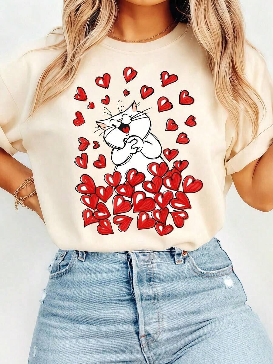 Camiseta de manga corta con cuello redondo para mujer, con estampado de gato blanco rodeado de corazones rojos, para invierno. | Cómodo, suave, a la moda, elegante, estilo vintage, tela de elasticidad media, para todas las estaciones, opciones multicolor, tallas S-XXL. Adecuado para primavera, verano y otoño. - Albaricoque - Ver 1