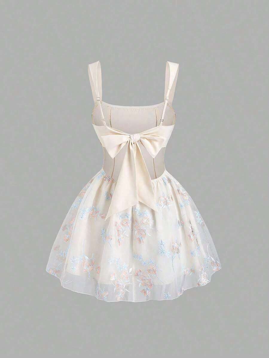 Vestido de lentejuelas elegante para niña, diseño de línea A, cintura ceñida, ajuste delgado, estilo romántico francés, acento de lazo, verano - Albaricoque 2 - Ver 1