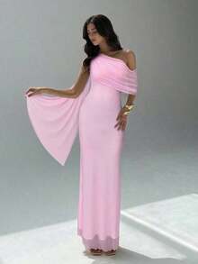 Vestido de mujer de unicolor con hombros asimétricos - Rosa Pálido - Ver 7