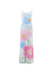 Floral Print Maxi Dress, Open Back, Adjustable U-Neck - White - View 5