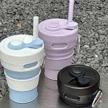 16-Ounce Silicone Foldable Travel Cup, Equipped With A Straw And Sealing Lid, Suitable For Both Hot And Cold Beverages; Foldable And Retractable, Portable And Space-Saving, Ideal For Outdoor Camping And Travel; Microwave- And Dishwasher-,  And Durable - 淡紫色 - 查看 6
