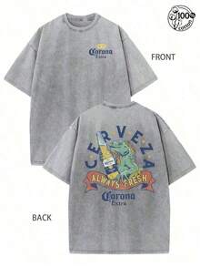 Camiseta gráfica con un lagarto sosteniendo una cerveza; Corona Extra, siempre fresca; Camiseta Retro Lavada con Estampado de Doble Cara (Camiseta de Algodón Puro de 230G); Cuello Redondo, Mangas Cortas, Corte Regular, Ropa Casual con Diseño, Ropa Urbana para Hombre, Ropa de Otoño para Hombre, Camiseta Vintage, Unisex (estilo retro, unisex, de peso pesado) - Gris - Ver 7