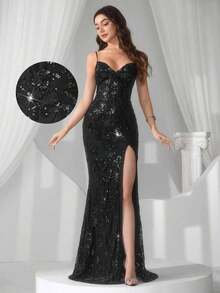 Vestido de noche con abertura alta en el muslo, con lentejuelas y diseño de patchwork, con espalda descubierta y silueta de sirena para mujer - Negro - Ver 5