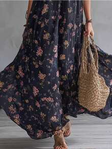 Silueta urbana retro vestido largo sin mangas de chifón estampado con flores negras - Negro - Ver 5