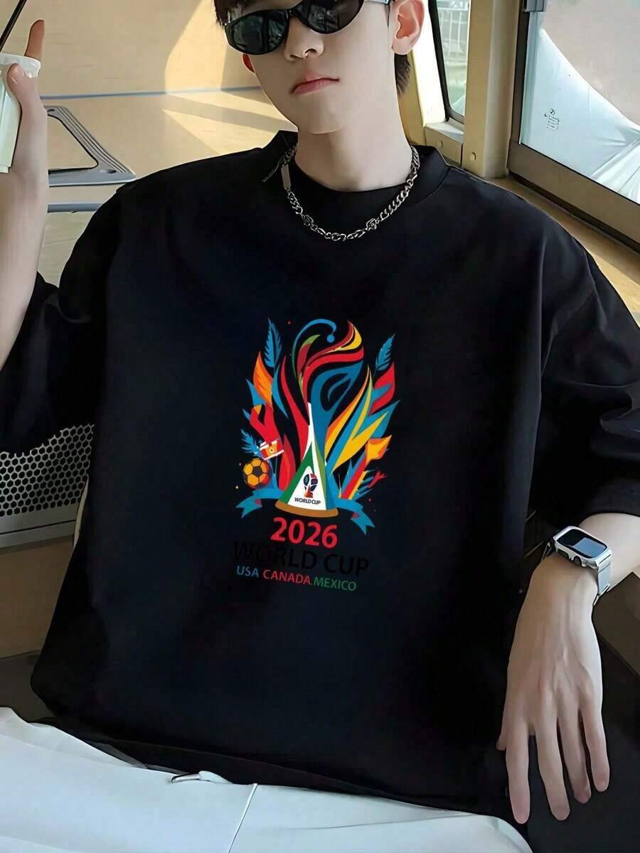 Camiseta De Verano Para Hombre, Copa Mundial De La World Cup 2026 Soccer Manga Corta, Algodón Puro, Cuello Redondo, Varios Tamaños Disponibles100% Cotton - Negro - Ver 1