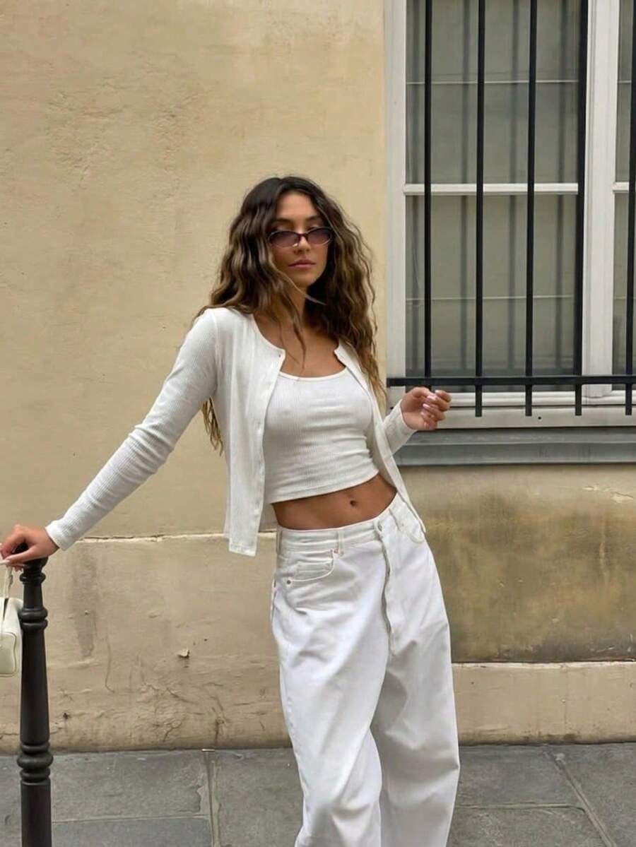 Round Neck Ribbed Button Short Length Lightweight Knit Cardigan - White - View 1