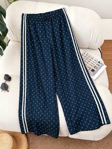 Plus Size Women Cute Retro High Waist Slimming Polka Dot Straight Leg Casual Pants - Dark Wash - View 3