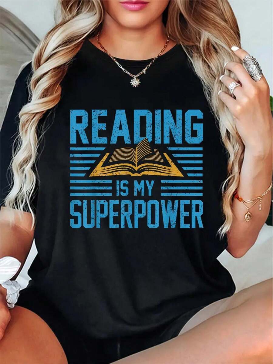 100% Cotton, Plus Size - Women's Book Lover T-Shirt - "Reading Is My Superpower" Print T-Shirt With Open Book Design - Soft, Everyday Wear T-Shirt - Casual Top For All Seasons, Suitable For Reading And Working - Gift For Book Lovers, Book-Themed T-Shirt, Workwear, Relaxed Fit, Comfortable Fit, Accent Clothing, Book Lover Apparel, Workwear, Crew Neck T-Shirt, Breathable Material, Printed T-Shirt, Book Fashion. - 黑色 - 查看 1