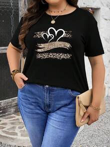 Plus Size - Plus Size - Black T-Shirt with a Leopard Print Heart Design - Negro - Ver 2