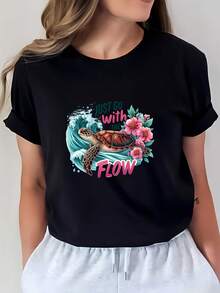 Camiseta con diseño de tortuga de 180 g "Let It Be" - Perfecta para salidas familiares, fiestas de verano y como regalo. |     Camiseta suave y cómoda, con diseño de temática playera, adecuada tanto para hombres como para mujeres. |     Moda de verano genial, prendas imprescindibles para enriquecer tu guardarropa. - Negro - Ver 1