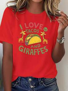 Camisetas Ligeras con Estampados para Mujer "Me Encantan los Tacos y las Jirafas" - Bonito estampado de tacos y jirafas con motivo de corazón, manga corta casual de suave algodón puro, ropa para amantes de los animales y de la cultura mexicana, camiseta blanca lavable a máquina, adecuada para uso diario o fiestas temáticas, 100% algodón, una opción popular. - Rojo - Ver 7