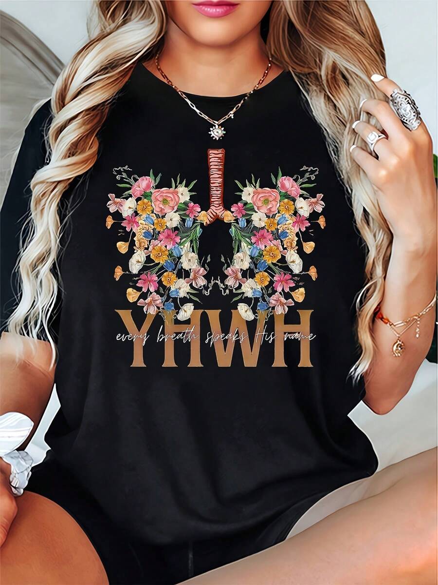 Women's Casual Short Sleeve T-Shirt With Religious Floral Design - YHWH & GOD Print, Round Neck, Medium Stretch, Ideal For Spring And Summer, Faith-Inspired Clothing, Machine Washable, Everyday Comfort - 黑色 - 查看 1