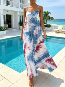 Đầm hai dây nhuộm màu tie-dye thanh lịch, thoải mái dành cho nữ cỡ lớn, dáng rộng tôn dáng, có túi, thích hợp mặc đi biển, đi nghỉ mát, đi làm hàng ngày và mặc ở nhà vào mùa hè. - Xanh và trắng - Xem 5