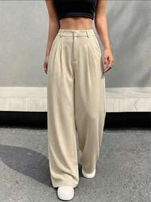 Women's Solid Color Pleated Elastic Waist Wide Leg Pants - Khaki - View 5