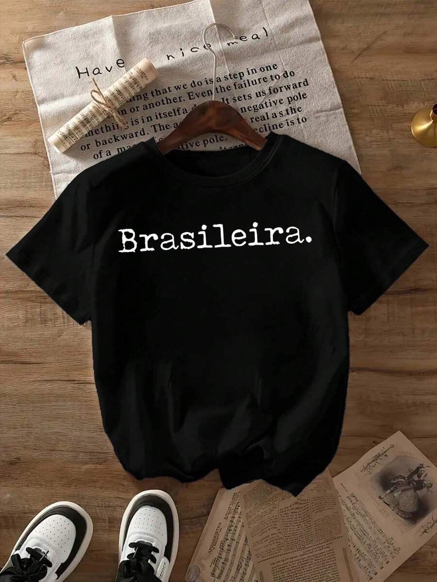 Mexican T-Shirt With MexicanBRASILEIRA Letter Print, New Round Neck T-Shirt For Spring And Summer, Women's Clothing, Cotton T-Shirt, Summer Fashion - 黑色 - 查看 1