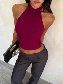 WOWDARK Women's Summer Halter Neck Backless Tight Fitted Sexy Camisole Top, Suitable For Dates, Gatherings, Parties, Travel, Vacation, Beach And Other Occasions - Burgundy - View 2
