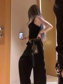 Wide Leg Jeans With Embroidered Letters And Flowers In A Retro American Style, High-Waisted, Loose Fit - 黑色 - 查看 3